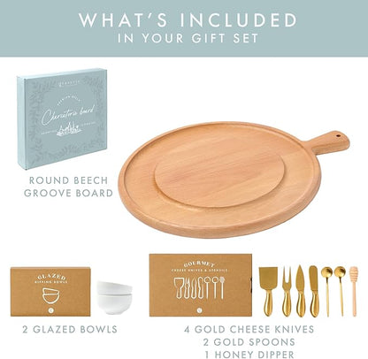 Charcuterie Board Set - Round Beech Wood Cheese Board for Serving with Accessories - House Warming Gifts for New Home, Bridal Shower & Wedding Gift, Birthday Gifts for Women