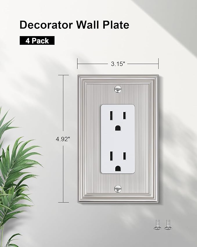 4-Pack Decorator Outlet Cover Plate, Brushed Nickel Decorative Switch Plates and Outlet Covers, Durable Zinc Alloy Wall Plates for Electrical Outlets, Receptacle, GFCI Outlet, Dimmer Switch