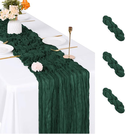 3 Pack Emerald Green Cheesecloth Table Runner, 17 x 108 inch, Semi Sheer Boho by ACSUIT