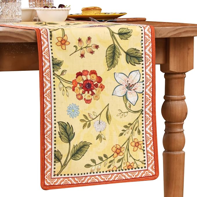 bilin gaier Designer French Linen Extra Long Table Runner, Floral Pattern by bilingaier