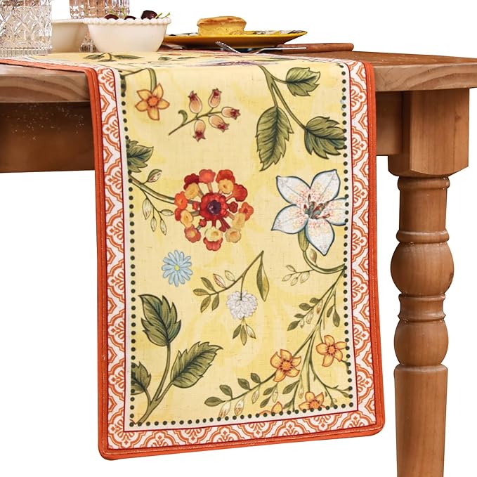 bilin gaier Designer French Linen Table Runner, Floral Pattern, Dining Table by bilingaier