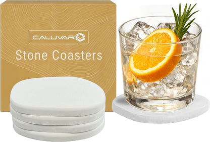 Stone Coasters Set of 4 White Sandstone, Water Absorbing Diatomaceous Earth by CALUVAR