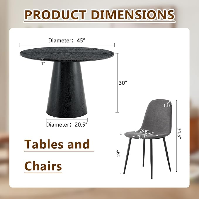 Round Dining Table Set for 4, 45" Modern Faux Marble Kitchen Table and Upholstered Chairs, 5 Piece Small Circle Dinette Set for Dining Room, Kitchen (Black Set)