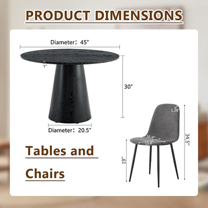 Round Dining Table Set for 4, 45" Modern Faux Marble Kitchen Table and Upholstered Chairs, 5 Piece Small Circle Dinette Set for Dining Room, Kitchen (Black Set)
