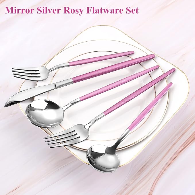 VANVRO Mirror Silver Rosy Silverware Set, 20-Piece Stainless Steel Flatware Set - Image 3