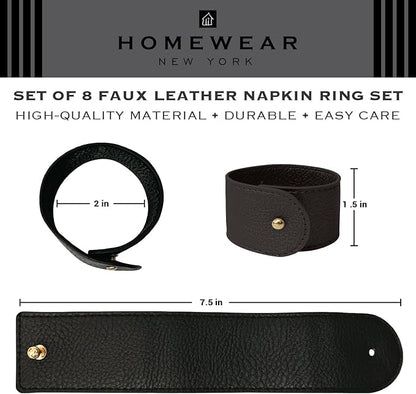 Luxury Leather Napkin Rings Set of 8, Black, Morgan Faux Style, Modern Cuff Design for Wedding Party Decorations, Kitchen, Holiday Table,Rust Proof,Hotel, Home, Table Accessories, Dining