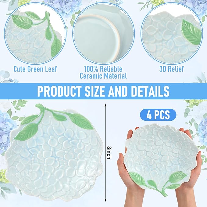 Jinei 8 Inch Hydrangea Ceramic Plates Set of 4, Decorative Dishes - Image 2