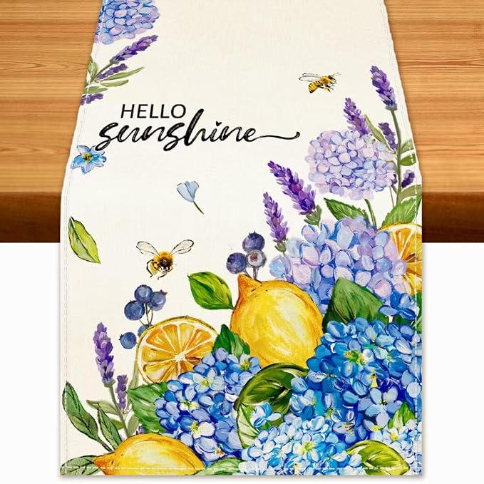 Summer Lemon Table Runner Hydrangeas Burlap Table Runners by BEAUTYROMANCEFORYOURLIFE