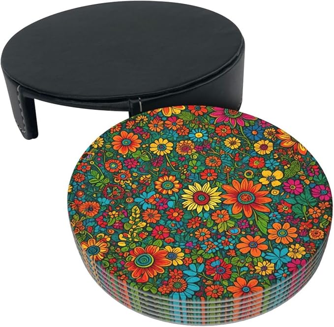 Drink Coasters with Holder Stand Set of 6, Colorful Flower Floral Print Pu - Image 9