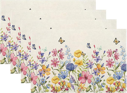 Spring Floral Placemats 12x18 Inches Set of 4 Colorful Flower Butterfly Decorative Rectangle Table Mats Summer Colorful Linen Place mats for Party Home Kitchen Dining Table Decor