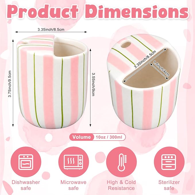 Ceramic Mug with Sip Hole 10 oz Pink Green Striped Ceramic Coffee Mug Hand - Image 2
