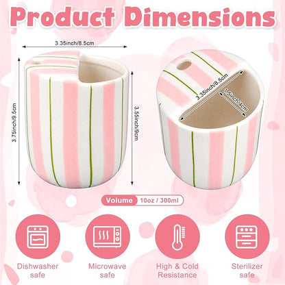 Ceramic Mug with Sip Hole 10 oz Pink Green Striped Ceramic Coffee Mug Hand - Image 2