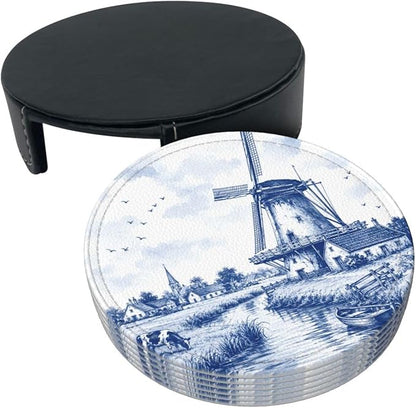 Delft Blue Dutch Windmill Countryside Leather Coasters | 6 Pack Pu Leather - Image 7