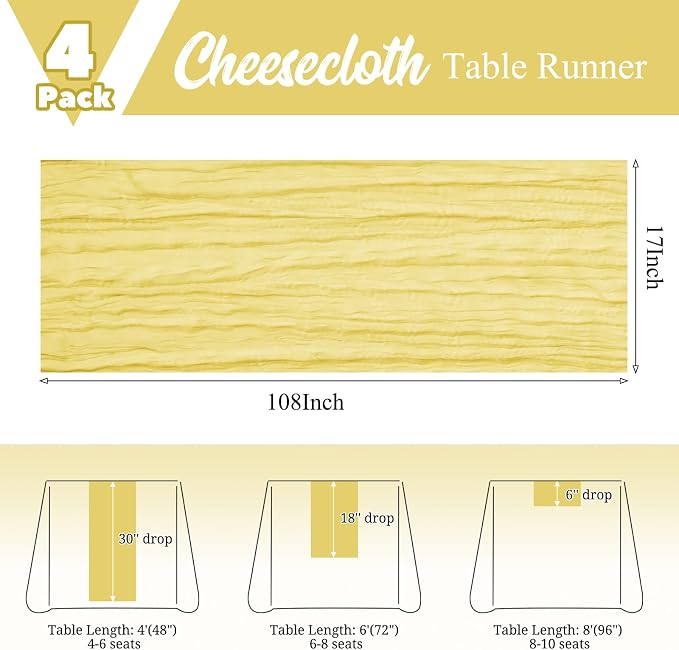 4 Pack Yellow Table Runner 17 x 108inch Cheesecloth Table Runner Boho Gauze - Image 2