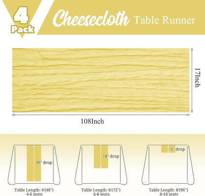 4 Pack Yellow Table Runner 17 x 108inch Cheesecloth Table Runner Boho Gauze - Image 2