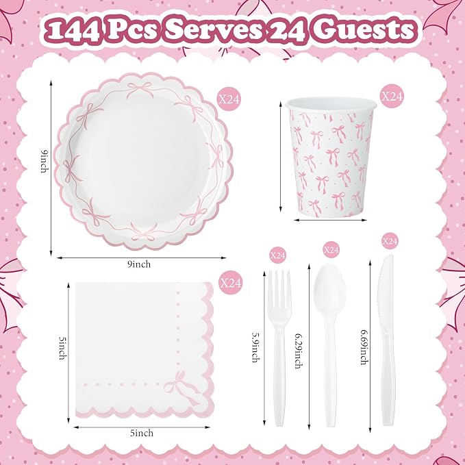 Sieral 144 Pcs Coquette Birthday Party Decor, Scalloped Paper Plates, Napkins - Image 2