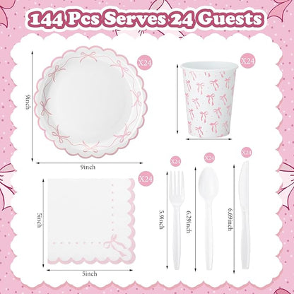 Sieral 144 Pcs Coquette Birthday Party Decor, Scalloped Paper Plates, Napkins - Image 2