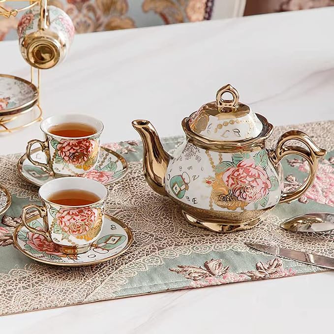 CHANJOON Gold Plated Red Rose Ceramic Tea Set, Vintage Tea Sets - Image 6