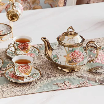 CHANJOON Gold Plated Red Rose Ceramic Tea Set, Vintage Tea Sets - Image 6