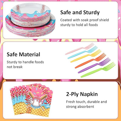 Yungyan 48 Sets Ice Cream Drip Baseball Birthday Party Decorations Ice Cream Drip Baseball Paper Plates and Napkins Forks Disposable Summer Sports Party Supplies Baby Shower Tableware Set for Women