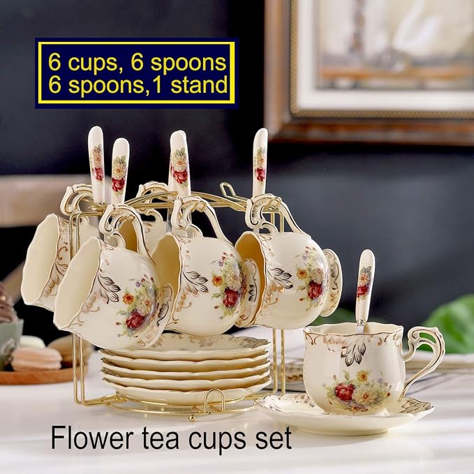 YOLIFE Tea Cups and Saucers Set of 6, 8 OZ Flowering Shrubs Coffee Cups | Ivory - Image 2