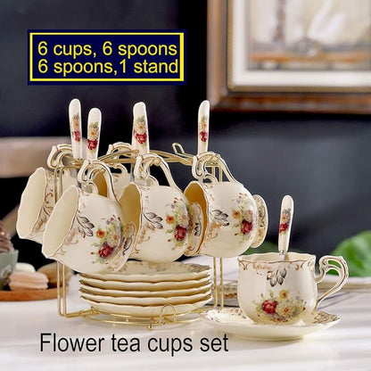 YOLIFE Tea Cups and Saucers Set of 6, 8 OZ Flowering Shrubs Coffee Cups | Ivory - Image 2