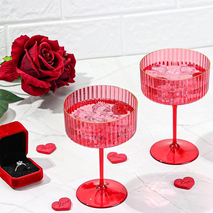 24 PCS Plastic Ribbed Martini Glasses 10 oz Detachable Gold Rim Red Ribbed Coupe Glasses Vintage Christmas Martini Cocktail Glass for Bar,Margarita,Gin,Tequila, Desserts and Snacks