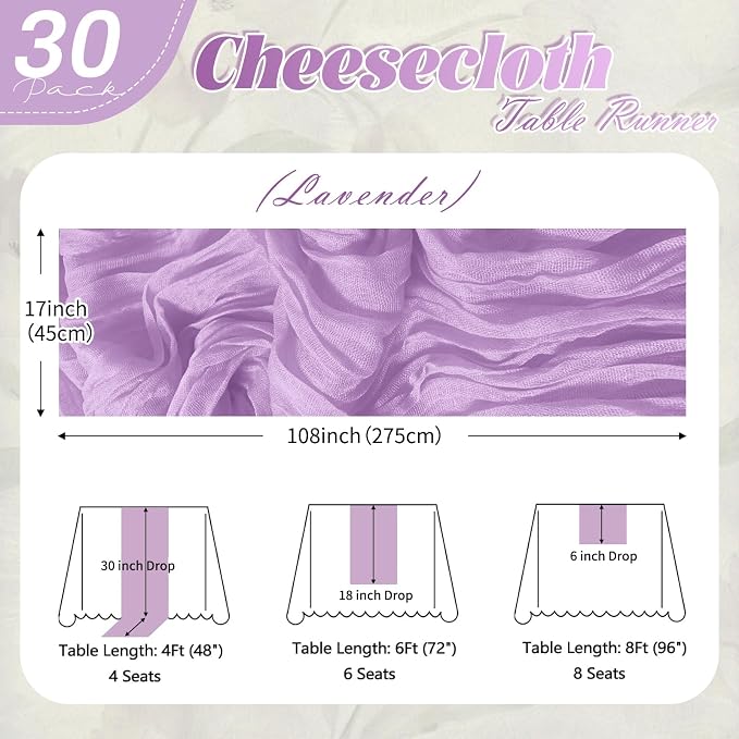 30 Pack Lavender Cheesecloth Table Runner 17 x 108 inch Cheese Cloth Table - Image 2