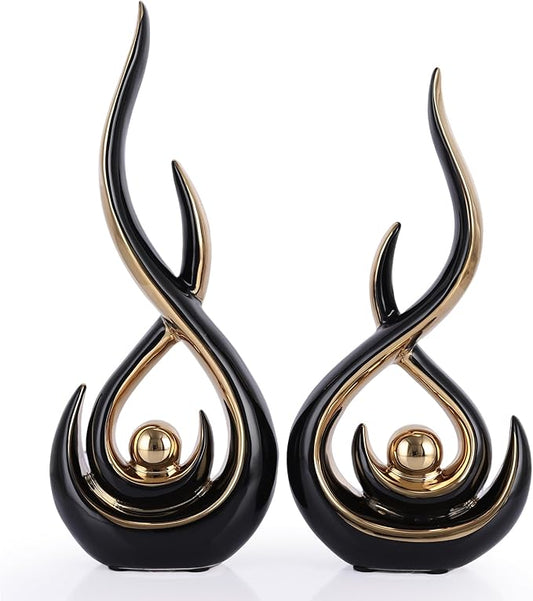 DOVDOV Ceramic Abstract 2 Piece Statue Set, Black and Gold Home Decor Accents for Home Decor Statue Mantelpiece on Unique Shelf Decor, TV Cabinet Divider Table top and Dining Table Centerpiece.