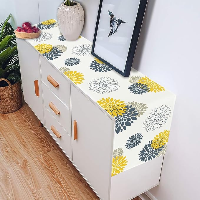 Blue Yellow Gray Table Runner Dahlia Pinnata Flower Beige Table Runners Modern - Image 3
