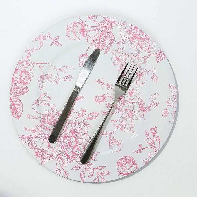 Efavormart 6 Pack White Pink Floral Acrylic Charger Plates in French Toile - Image 2