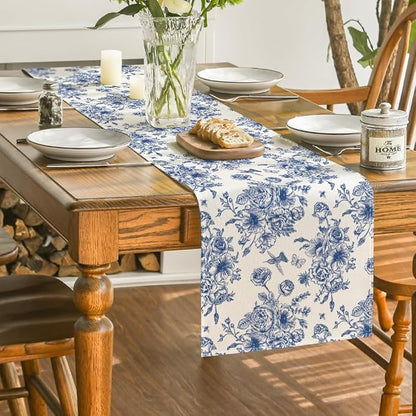 Artoid Mode Spring Navy Blue Floral Chinoiserie Table Runner, Seasonal Summer - Image 4