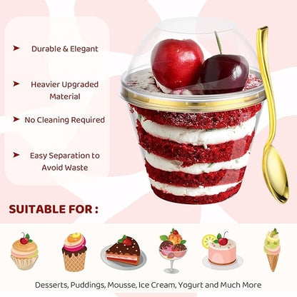 Jinei 50 Sets 9 oz Plastic Dessert Cups with Dome Lids Spoons Gold Rimmed Clear Disposable Plastic Fruit Cups with Lids for Yogurt Parfait Pudding Cupcake Ice Cream Party Wedding Reception