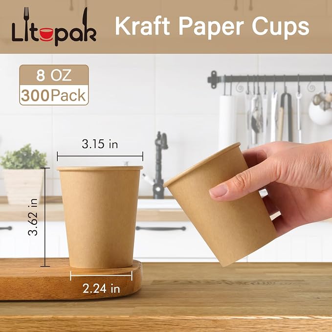 LITOPAK 300 Pack Disposable Coffee Cups, 8 oz Kraft Paper Cups | Large bulk - Image 2