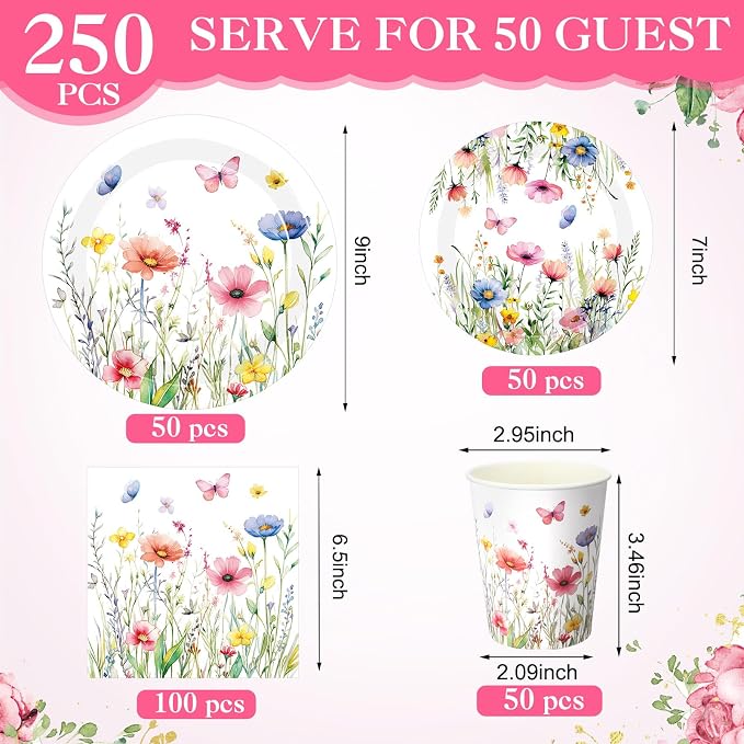 250 Pcs Wildflower Party Decorations Include Spring Summer Floral Paper Plates - Image 2