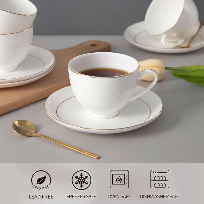 Bone China Tea Cups and Saucers Set – White Luxury Fine Porcelain Mugs - Image 6