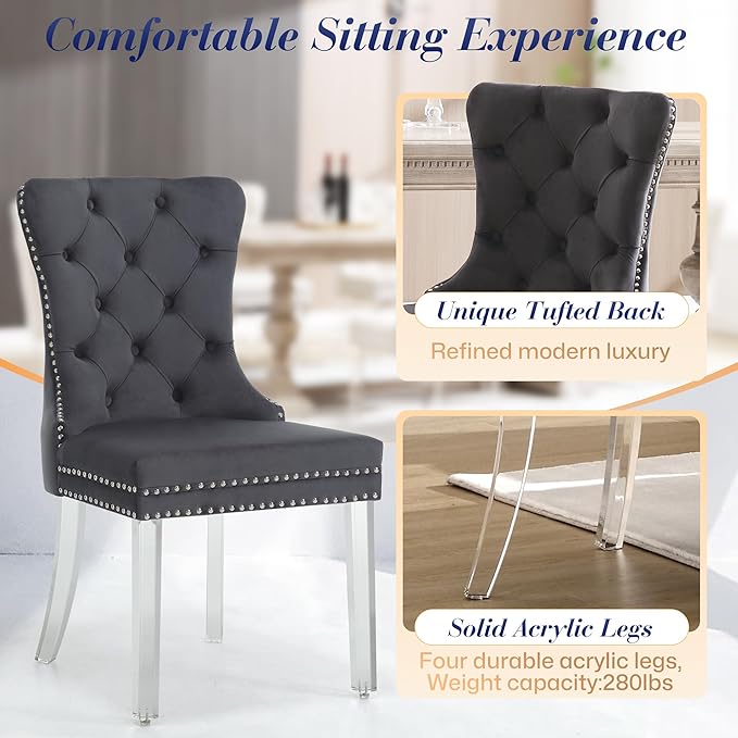 KCC Velvet Dining Chairs Set of 6, Upholstered Tufted Wingback Dining Room Chair with Nailhead Back Ring Pull Trim Solid Acrylic Legs, Contemporary Nikki Collection Style for Kitchen, Grey