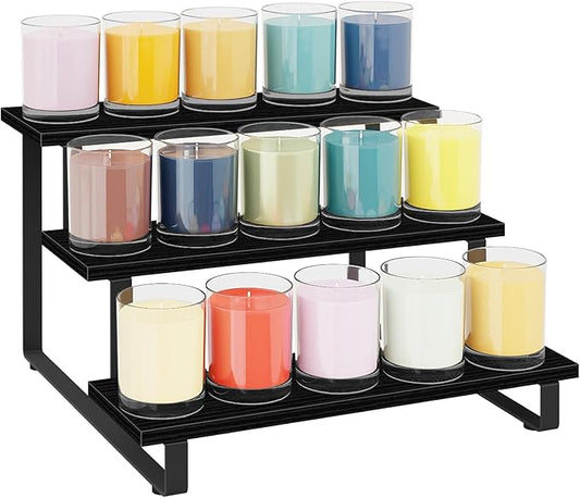 ELITEROO 3 Tier Wooden Display Riser Stand, Portable Products Display Shelf, 3 Step Straight Display Rack for Retail Tabletop, Countertop, Craft Shows, Farmers Market, Tradeshows, Vendors, Black