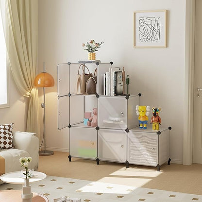 Cube Storage Organizer, 6-Cube Shelves Unit with Doors, DIY Stackable Plastic Clothes Organizer for Bedroom and Under Stairs Storage Unit, 30 x 30 x 30 cm Frosted White ATTSL6003