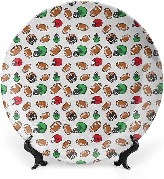 Ceramic Display Plate, American Football Ceramic Hanging Decorative Plate, Cartoon Style Rugby Icons Balls American, 10 Inch, Living Room Kitchen Decoration Household, Multicolor