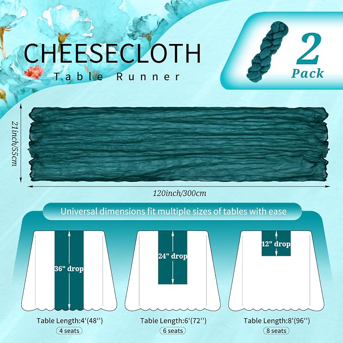 Showgeous 2 Pack Teal Cheesecloth Table Runners Boho Wedding Decor | Rustic - Image 2