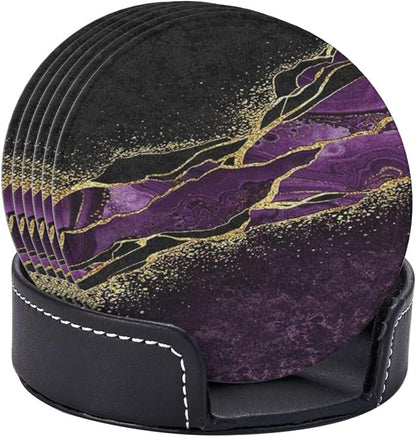 6 Pcs Abstract Black and Purple Marble Leather Coasters - Image 6