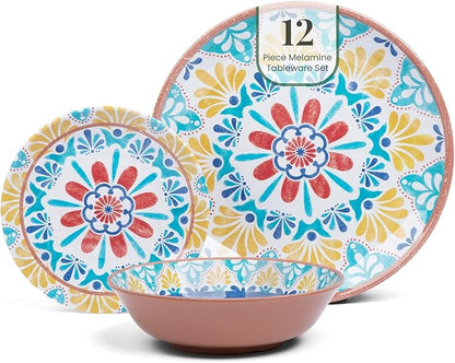 Larder & Vine 12-Piece Melamine Dinnerware Set: Durable, Lightweight, Break-Resistant Plates & Bowls – Stylish, Non-Toxic, Dishwasher Safe – Ideal for Everyday Use, Indoor & Outdoor Dining – Southwest