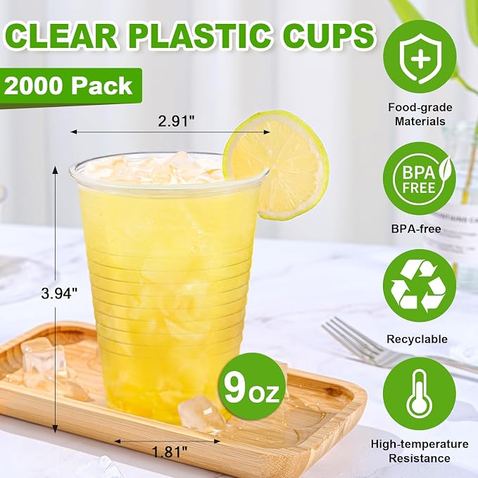 SIUQ 2000 Pack 9 oz Clear Plastic Cups, Bulk Disposable Water Cups 9 Ounce | - Image 2