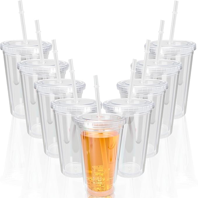 9 Set 16 oz Insulated Plastic Tumbler Double Wall Plastic Cup by Unknown