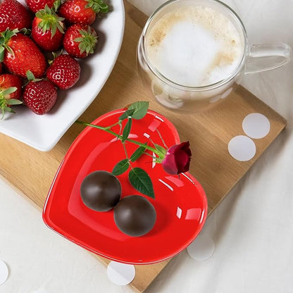 Whaline 4Pcs Heart Shape Sauce Dish Ceramic Side Dish Bowl Red Pink Jewelry Ring Dish Tray for Home Kitchen Xmas Wedding Valentine's Day Anniversary Birthday Party Decor