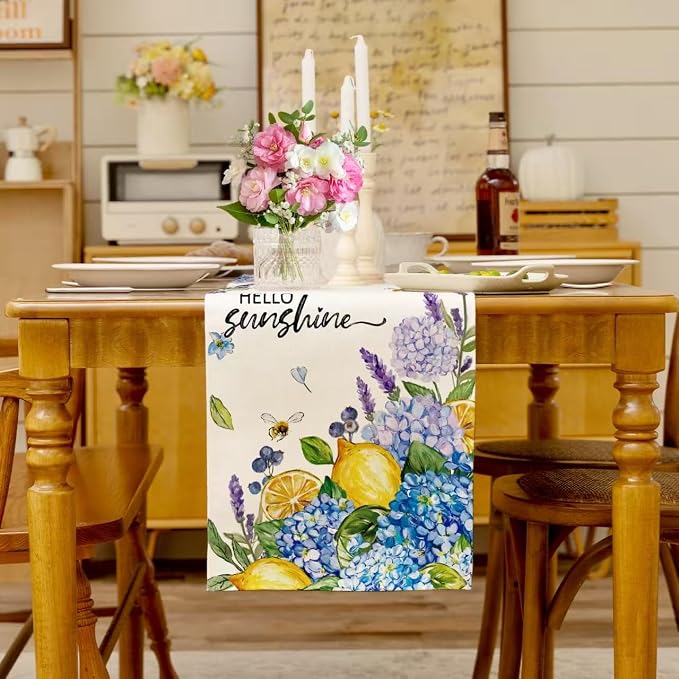 Summer Lemon Table Runner Blue Hydrangeas Burlap Table Runners - Image 3