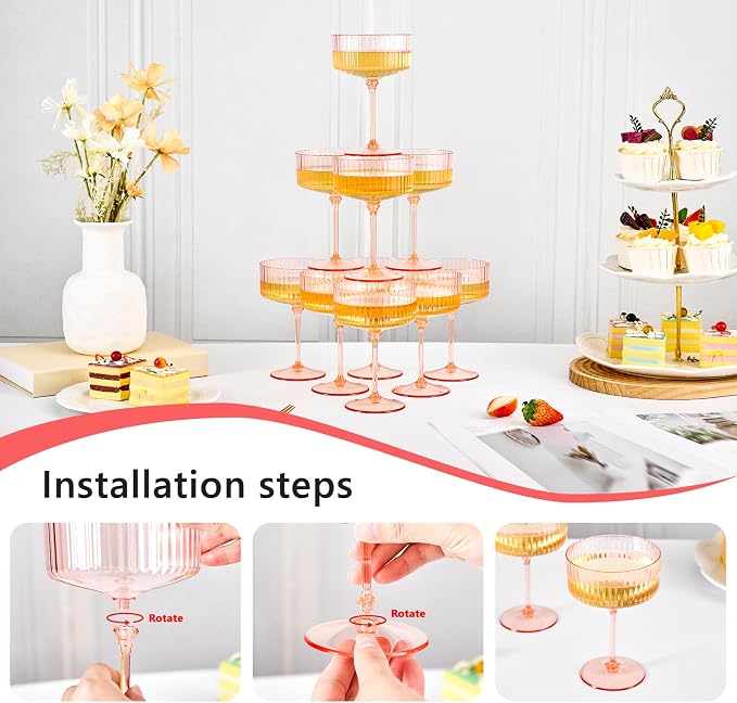 ZOMUIA Ribbed Coupe Glasses 28 Pcs, 10 oz Plastic Champagne Coupe Detachable - Image 3