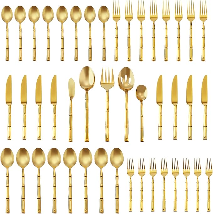 Gold Silverware Set 45-Piece Bamboo Pattern Service by SILWELLSilverwareSet