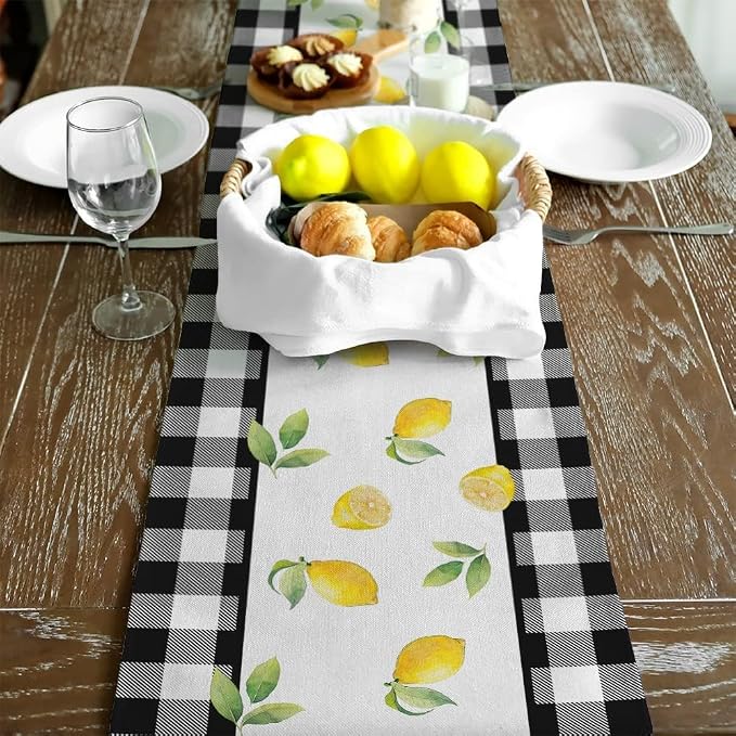 Black Buffalo Check Summer Table Runner 72 Inch, Lemon Vase Spring Farmhouse - Image 5